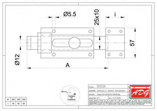 Technical Drawing with measurements of a heavy duty high security horizontal bolt with options for 20cm 30cm and 40cm long all suitable for a padlock with a 11.5mm shank.