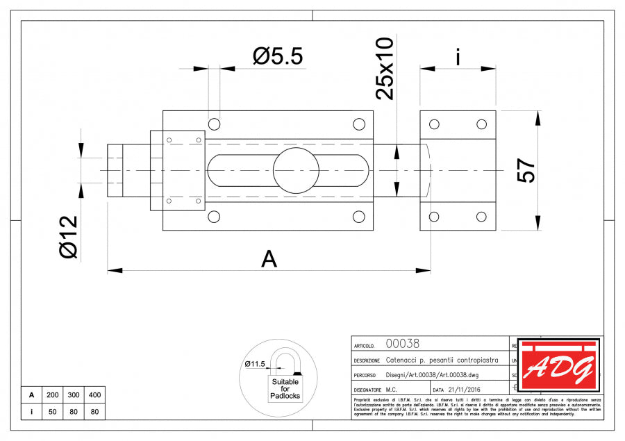 Technical Drawing with measurements of a heavy duty high security horizontal bolt with options for 20cm 30cm and 40cm long all suitable for a padlock with a 11.5mm shank.