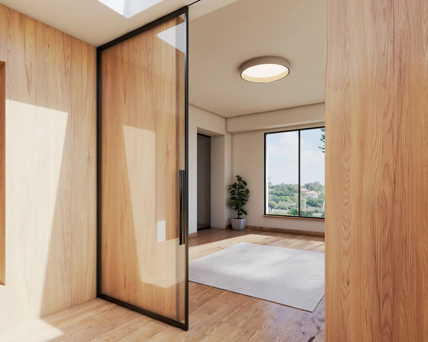 Black Framed Siding Door Floor to Ceiling.