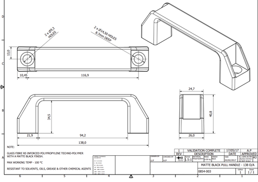 Technical drawing of a bow handle product with dimensions and specifications
