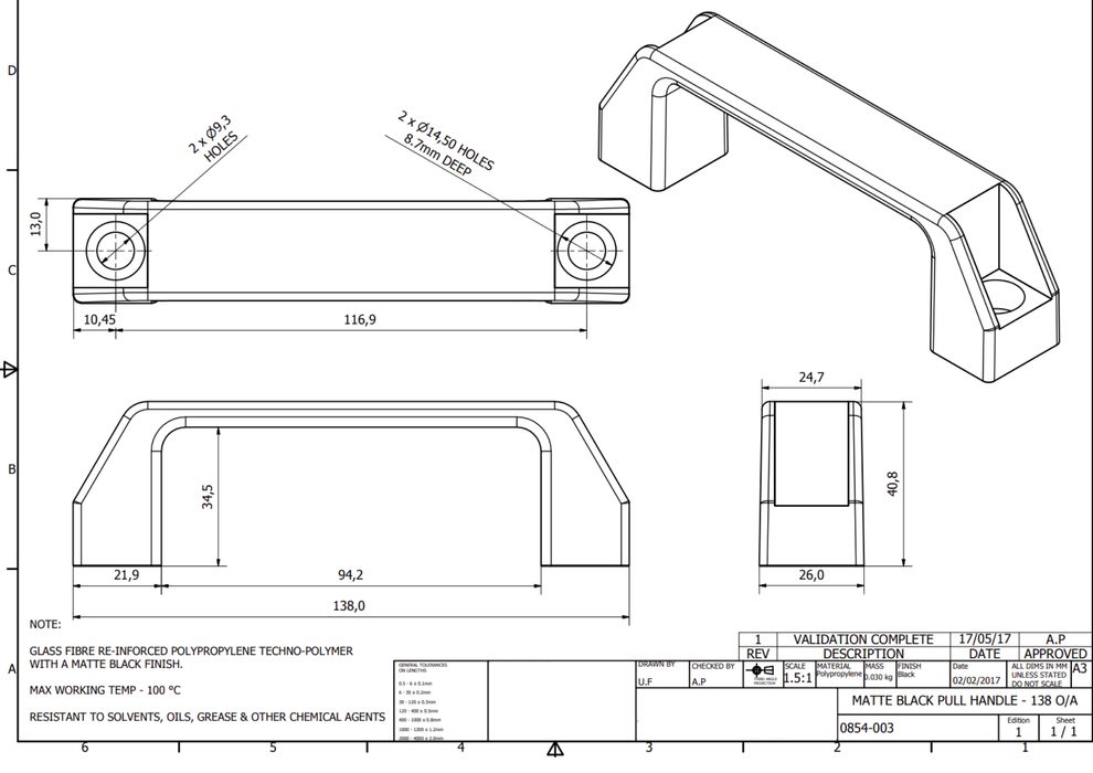 Technical drawing of a bow handle product with dimensions and specifications