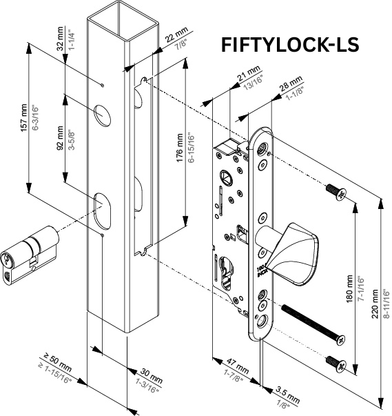 Insert Lock with 30mm Backset for Sliding Gates and Insert Keep or Surface Mounted Keep - FIFTYLOCK-S and FIFTYLOCK-LS