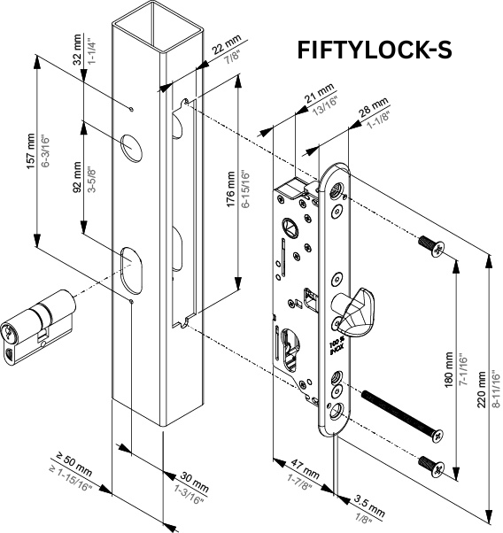 Insert Lock with 30mm Backset for Sliding Gates and Insert Keep or Surface Mounted Keep - FIFTYLOCK-S and FIFTYLOCK-LS