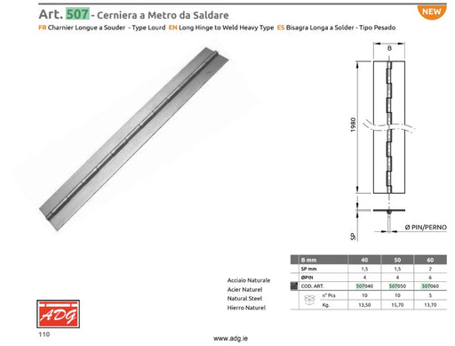 Technical drawing and product photo of a heavy-duty steel piano hinge hinge, labeled 'Art. 507 , with dimensions, material specs, and a dimension table on a white background.