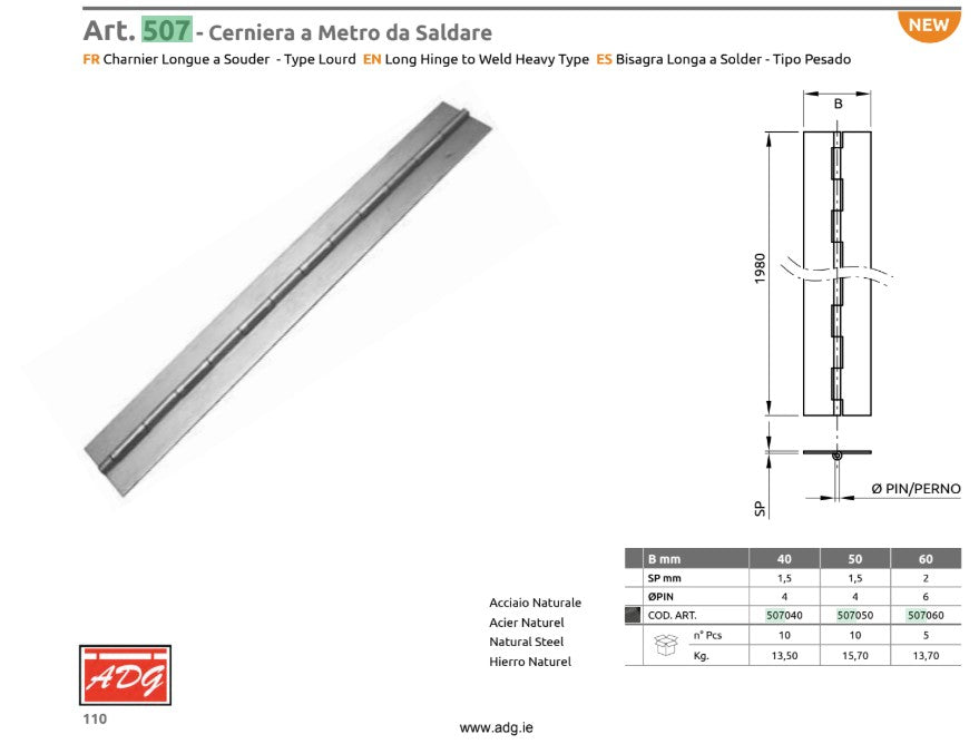 Technical drawing and product photo of a heavy-duty steel piano hinge hinge, labeled 'Art. 507 , with dimensions, material specs, and a dimension table on a white background.