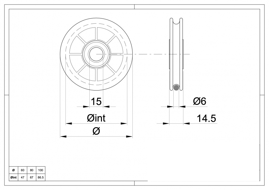 Roller for cable with ball bearings drawing and dimensions.