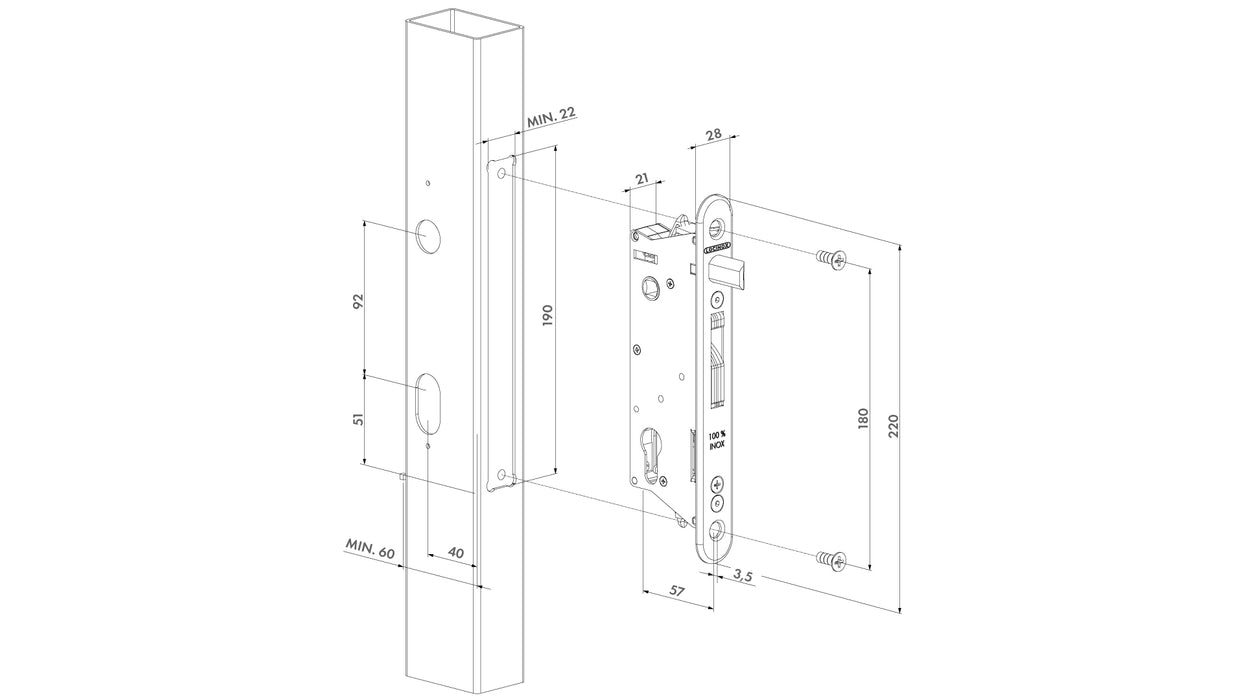 Sixty Lock Insert Set with Keep for Metal, PVC or Aluminum gates - SIXTYSET-60S-BA