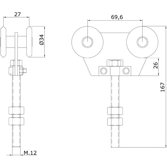 Technical drawing of sliding roller and dimensions